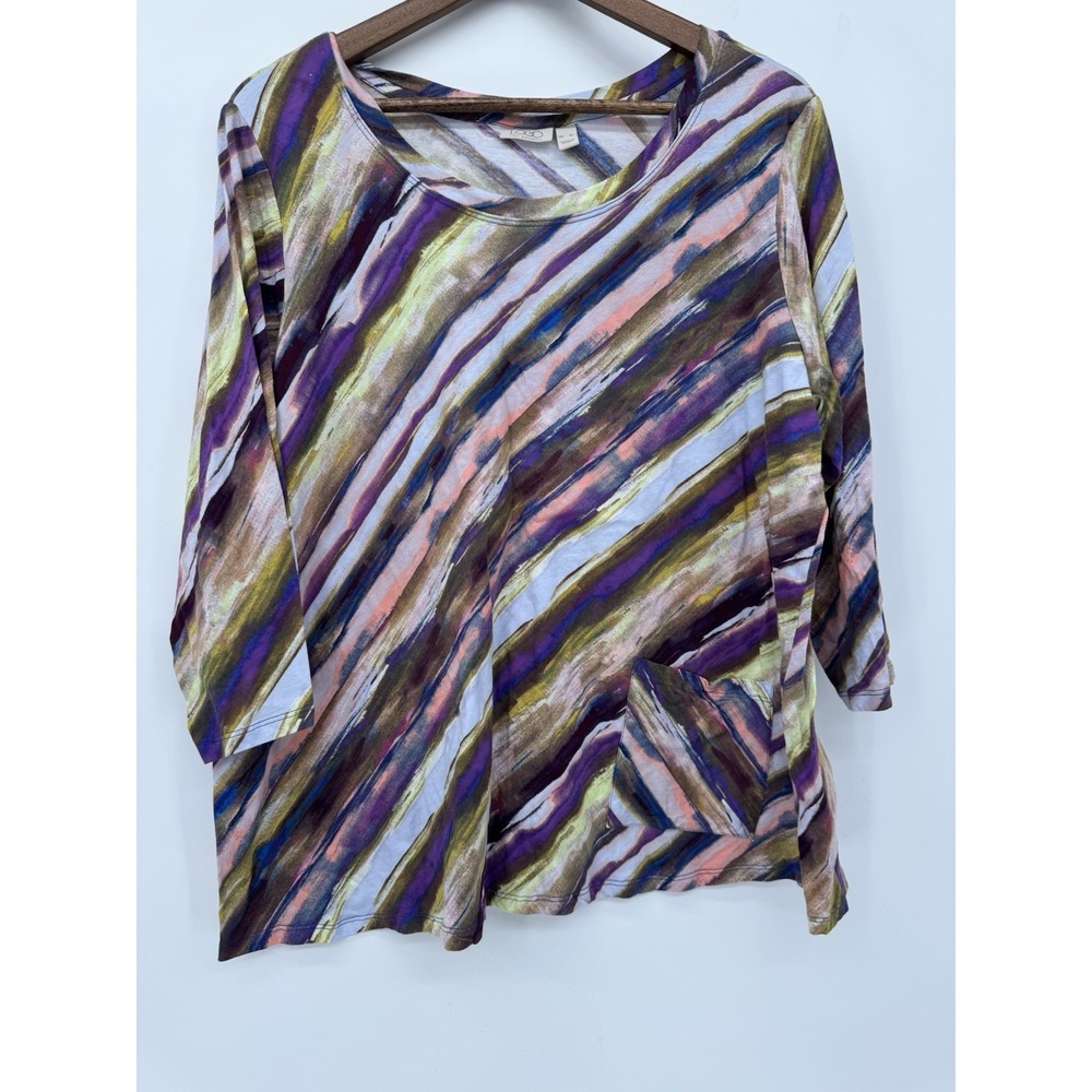 LOGO Lori Goldstein Watercolor Striped Top XL Pocket Lagenlook Artsy‎ Knit Tee